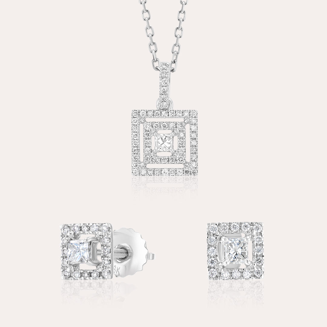 طقم قلادة مربعة الشكل مرصعة بالألماس بتصميم هندسي